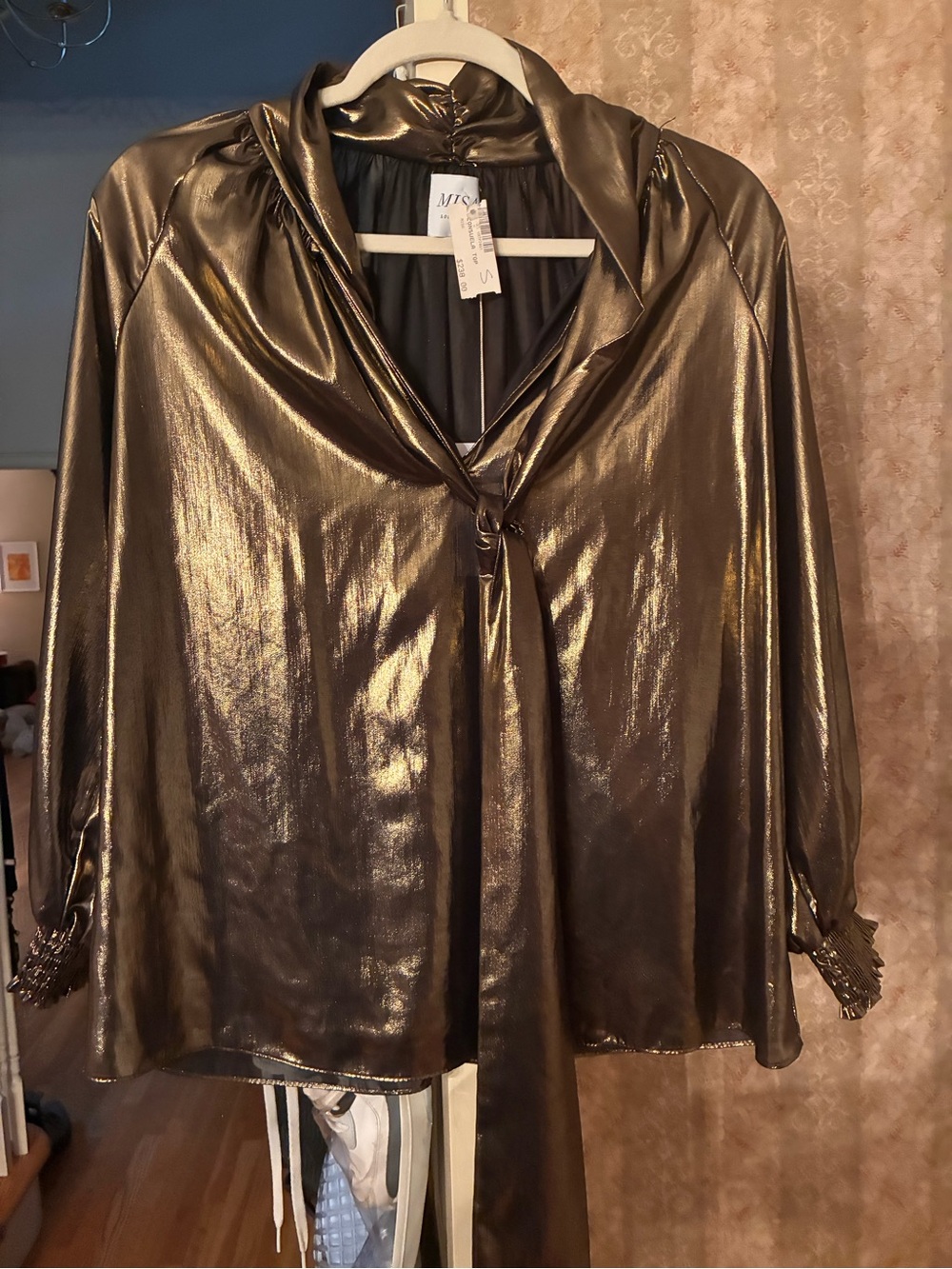 Misa Los Angeles Metallic Bronze Tie-Neck Blouse